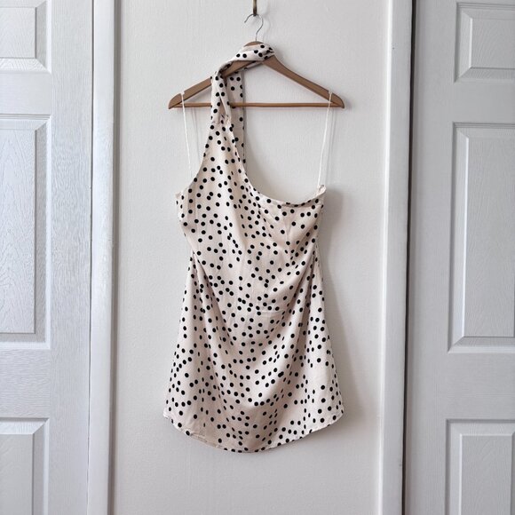 MESHKI Joan Satin Asymmetrical Polka Dot Mini Dress - Picture 4 of 9